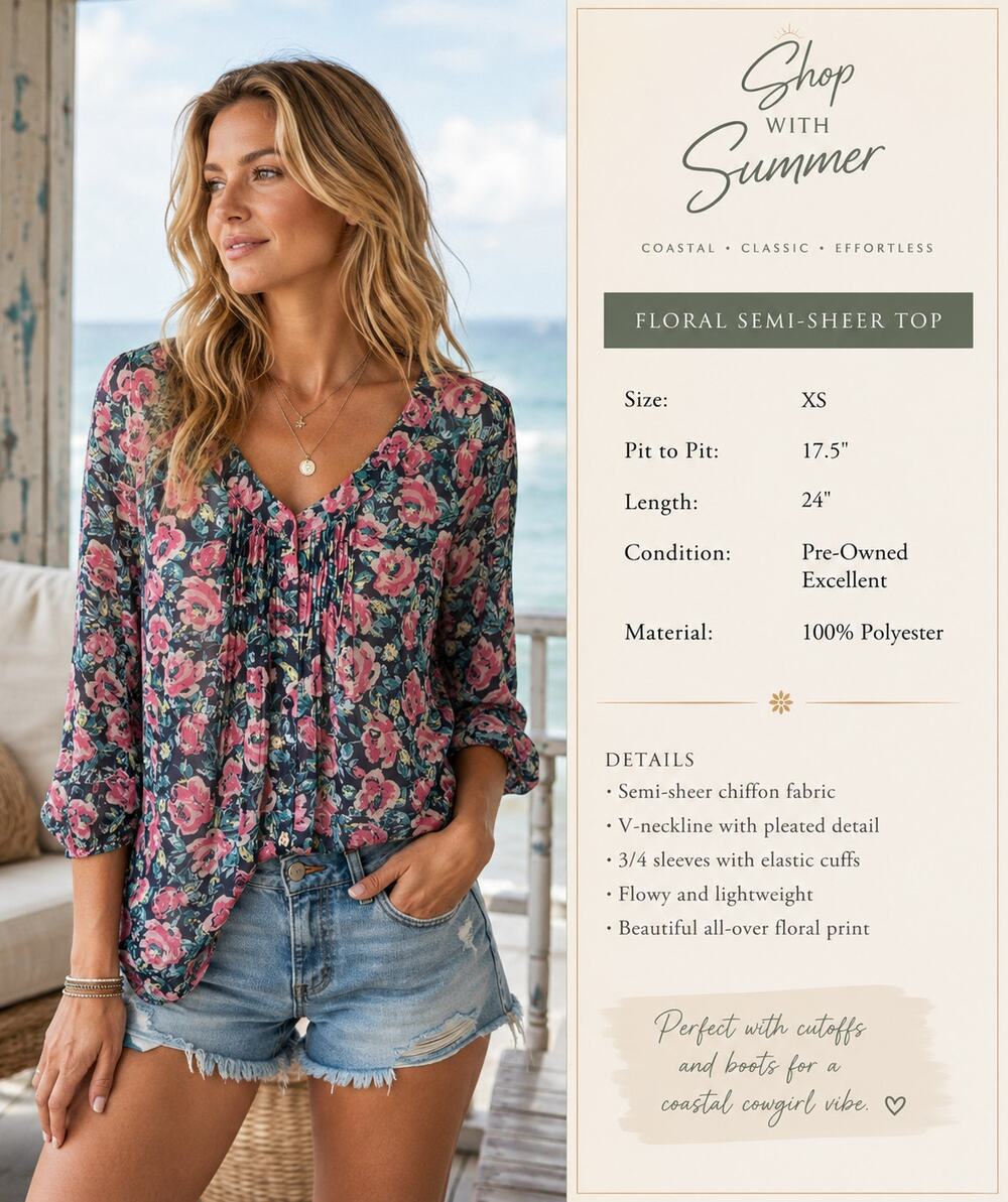 Lauren Conrad Semi-Sheer Floral Blouse Size XS Coastal Cowgirl, Country Boho Top